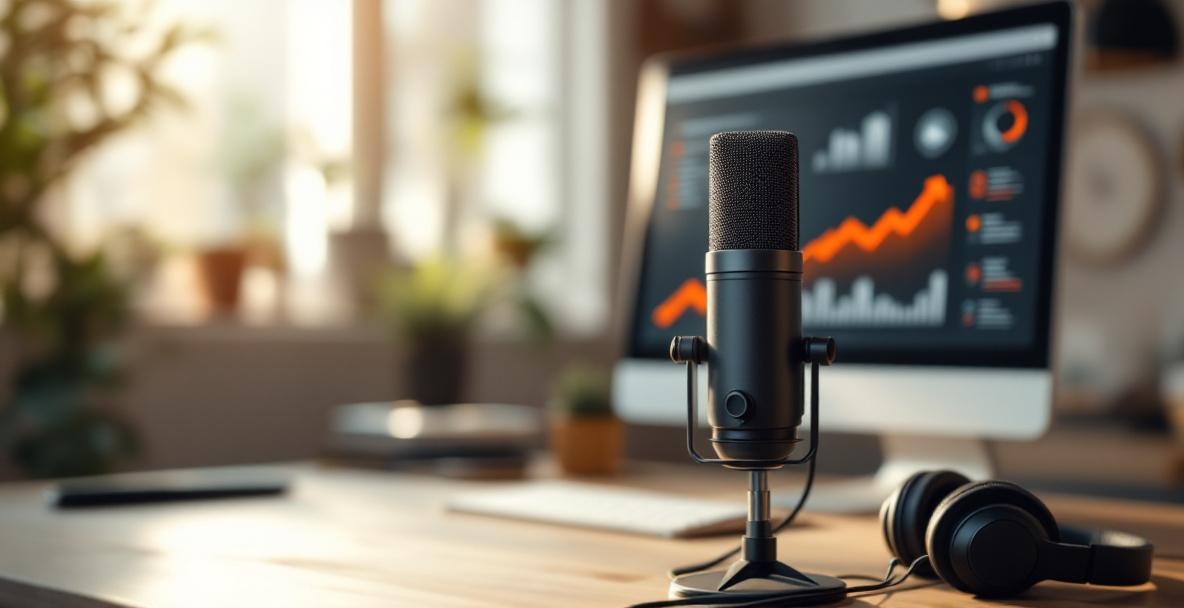 Modern office setup with microphone and analytics on screen for podcast growth.
