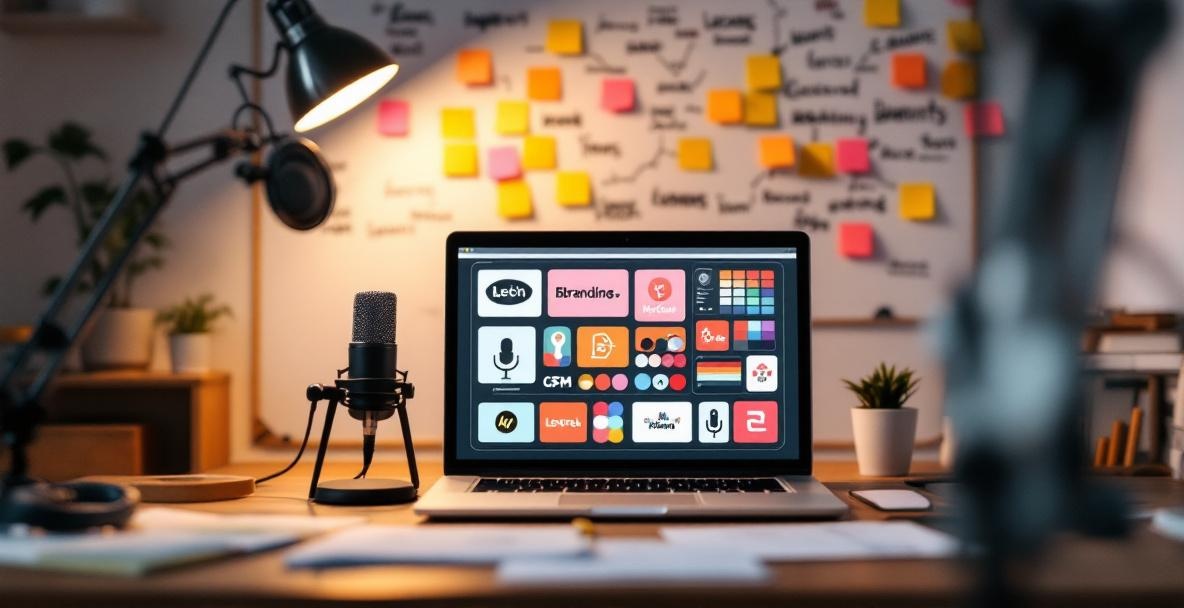 Workspace showing a podcaster's brand identity tools on a laptop with microphone and headphones nearby.