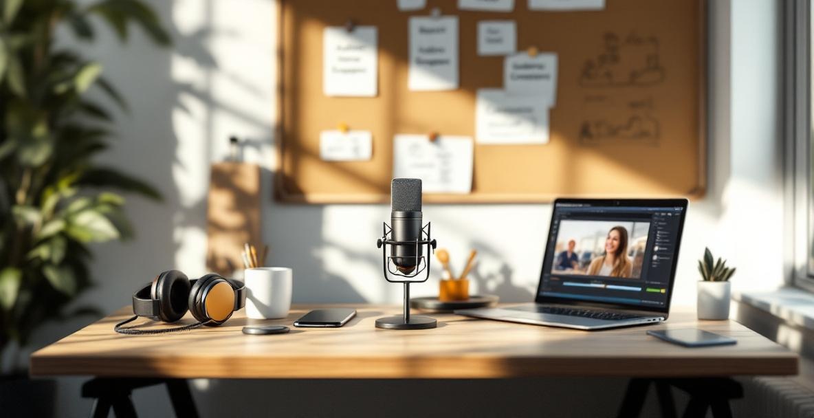 Modern workspace with podcast tools on a wooden desk, microphone central, corkboard with notes on brand voice.