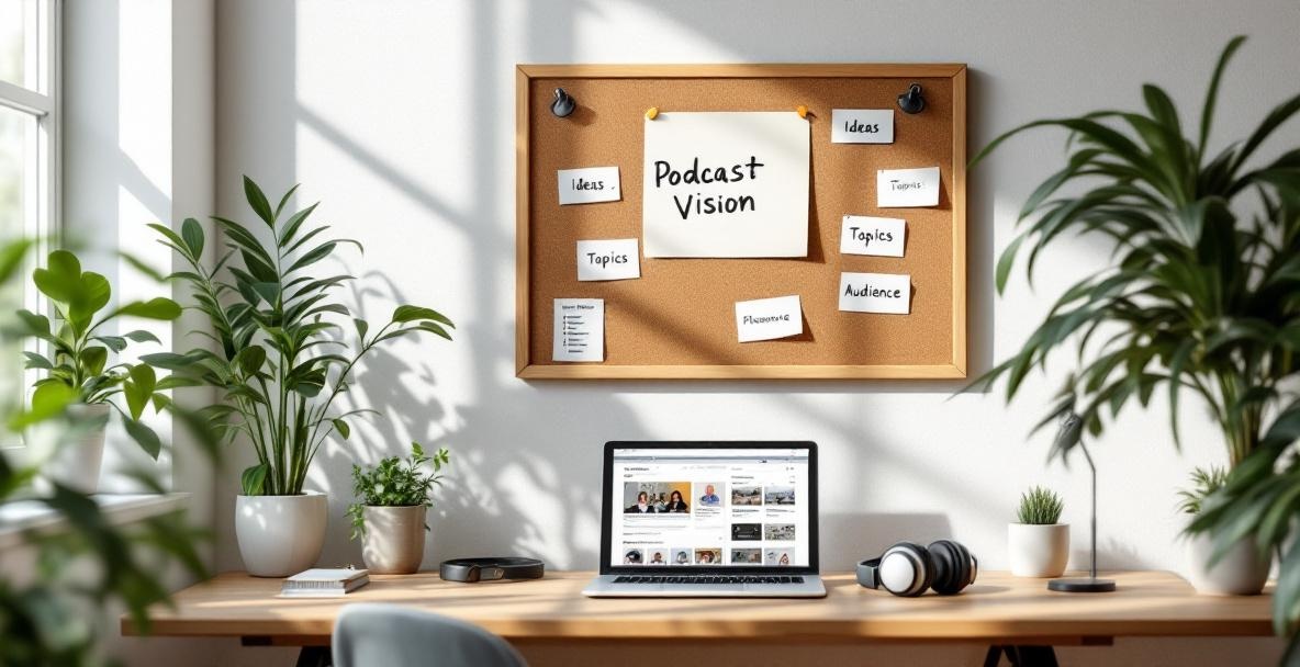Workspace with a corkboard labeled 'Podcast Vision', surrounded by index cards, a laptop, microphone, and headphones.