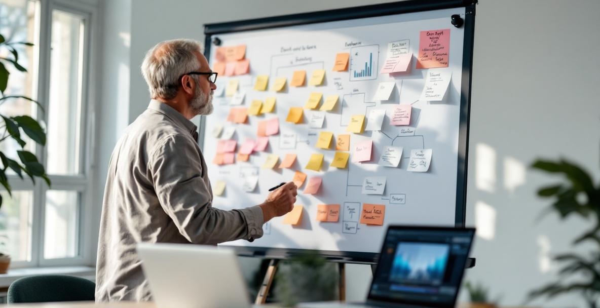 Podcaster brainstorming on a digital whiteboard in a modern office.