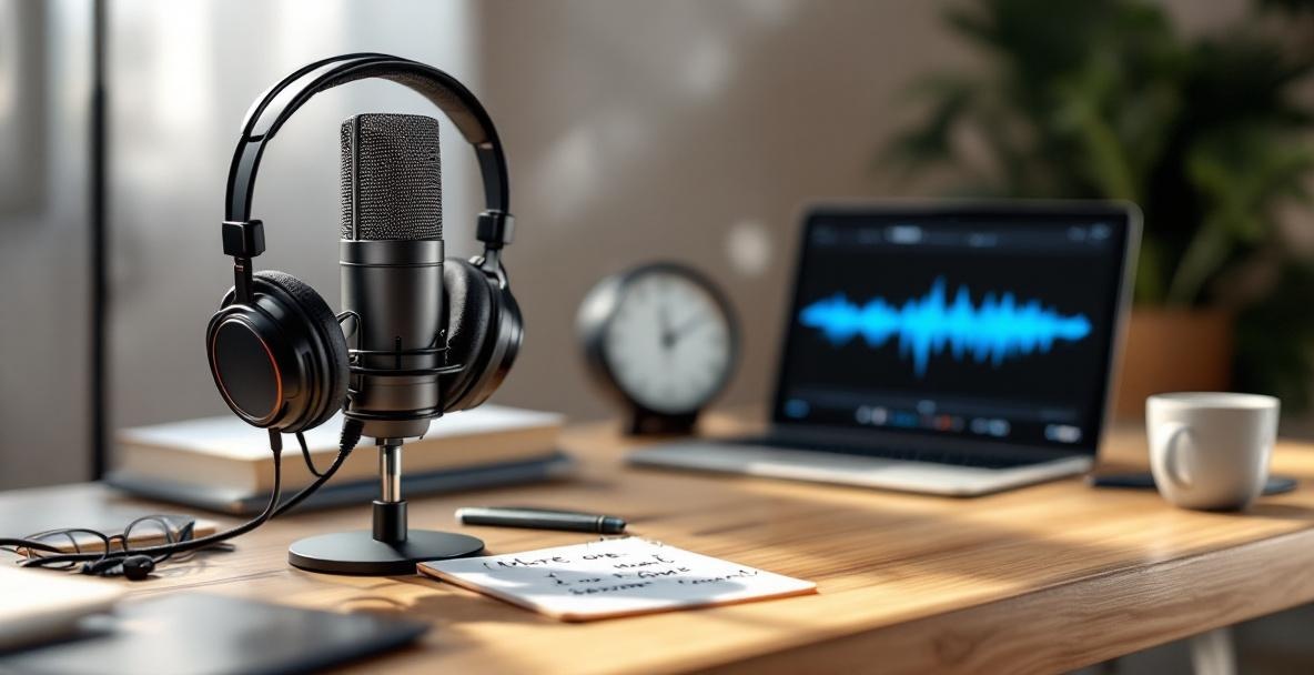 Podcaster's desk with microphone, headphones, laptop displaying waveform, notepad, and coffee in a modern studio.