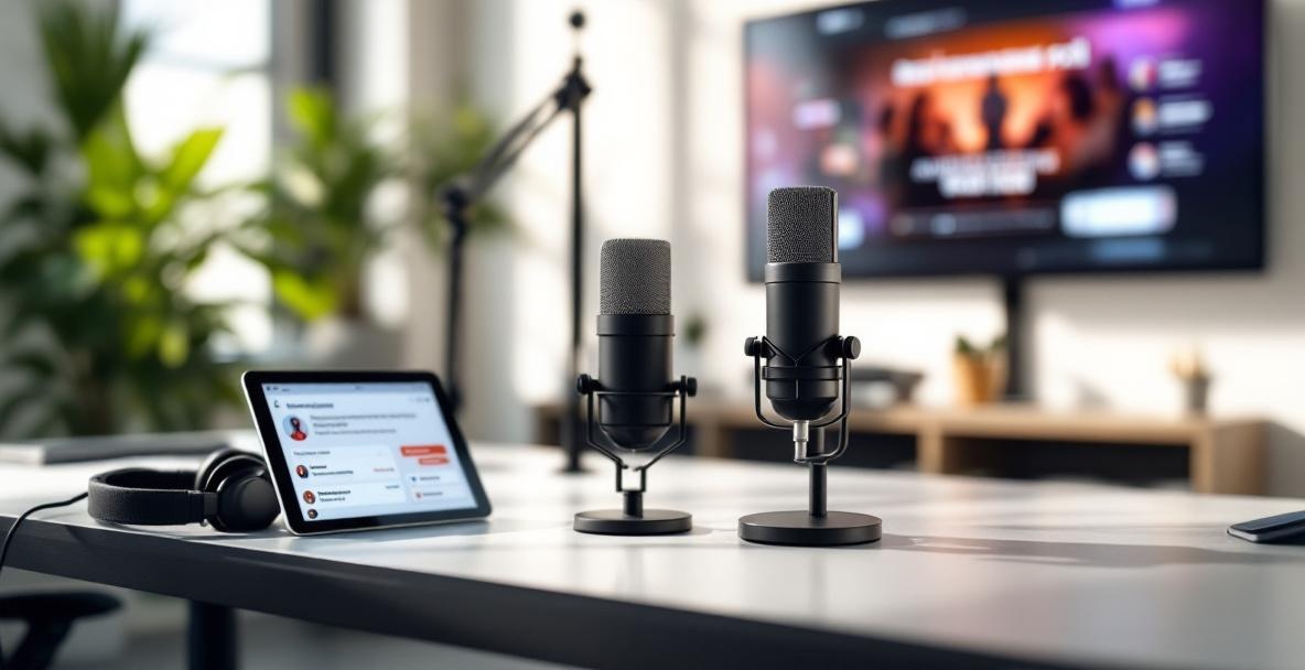 Modern podcast studio with microphone, tablet, headphones, and screen showing live interactions.