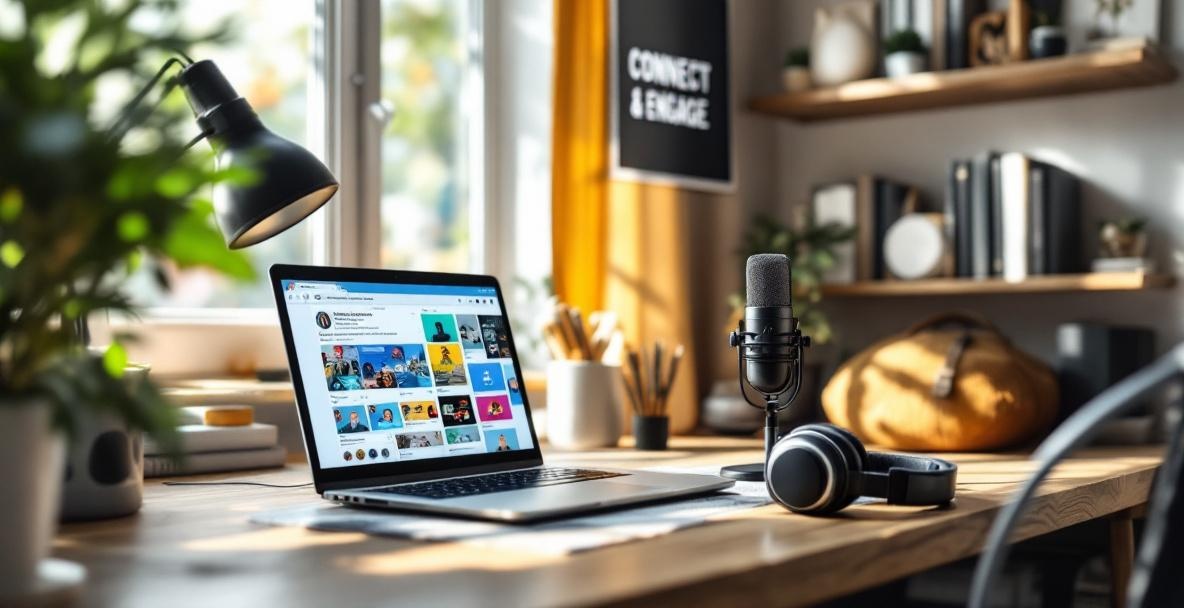 Podcaster in a modern home office engaging with social media on a laptop.