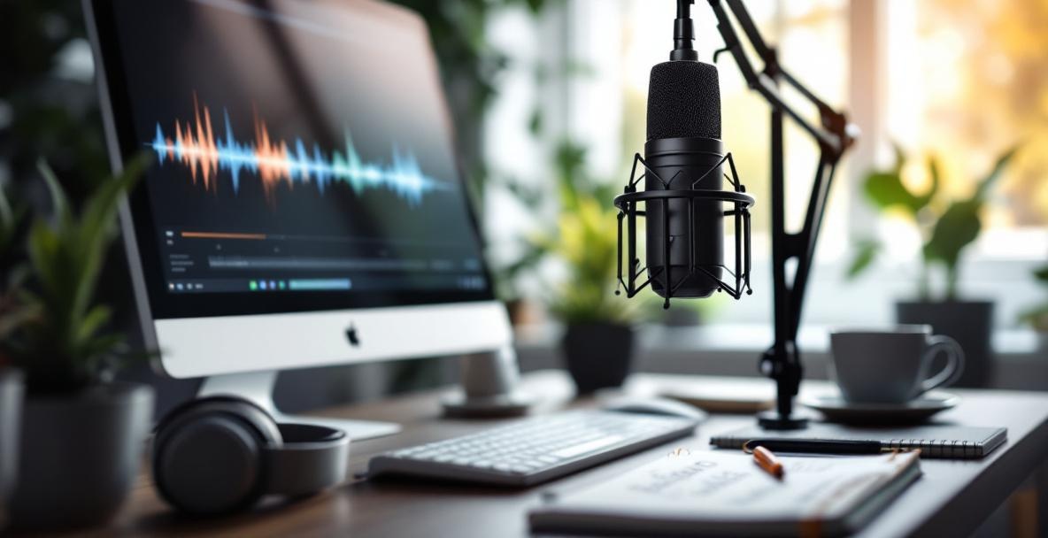 Modern podcast workspace with microphone, computer, notebook, headphones, and coffee mug in natural light.