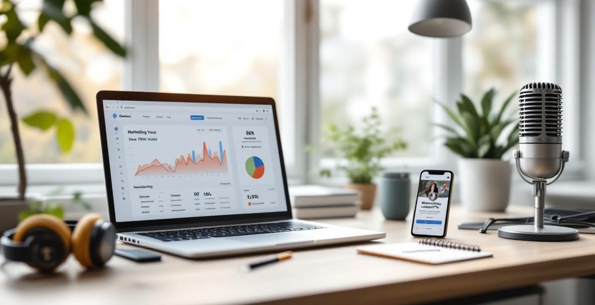 Modern workspace with podcast marketing tools, laptop, and growth charts.