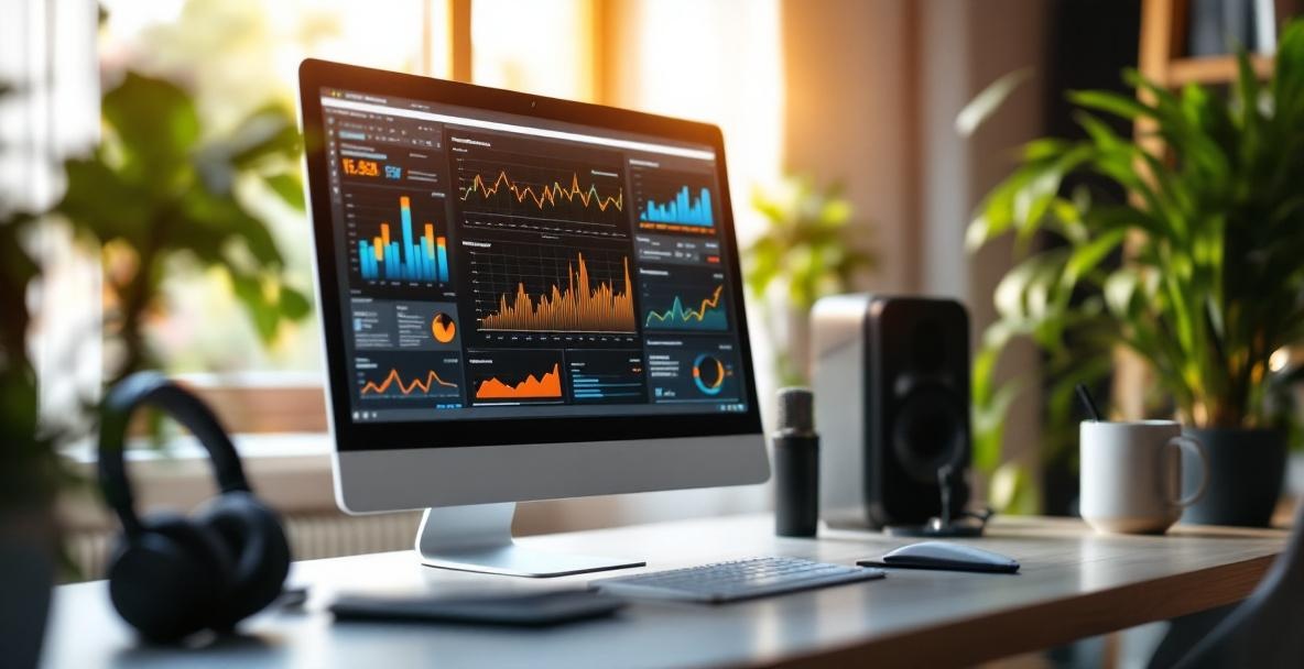 Podcast studio with analytics on screen, microphone, headphones, and notepad.
