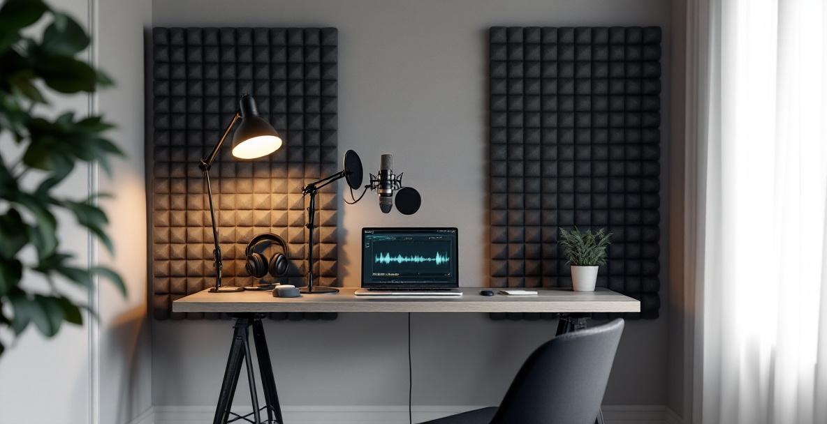 Podcast recording space with mic, laptop, and foam panels, creating a professional setup.