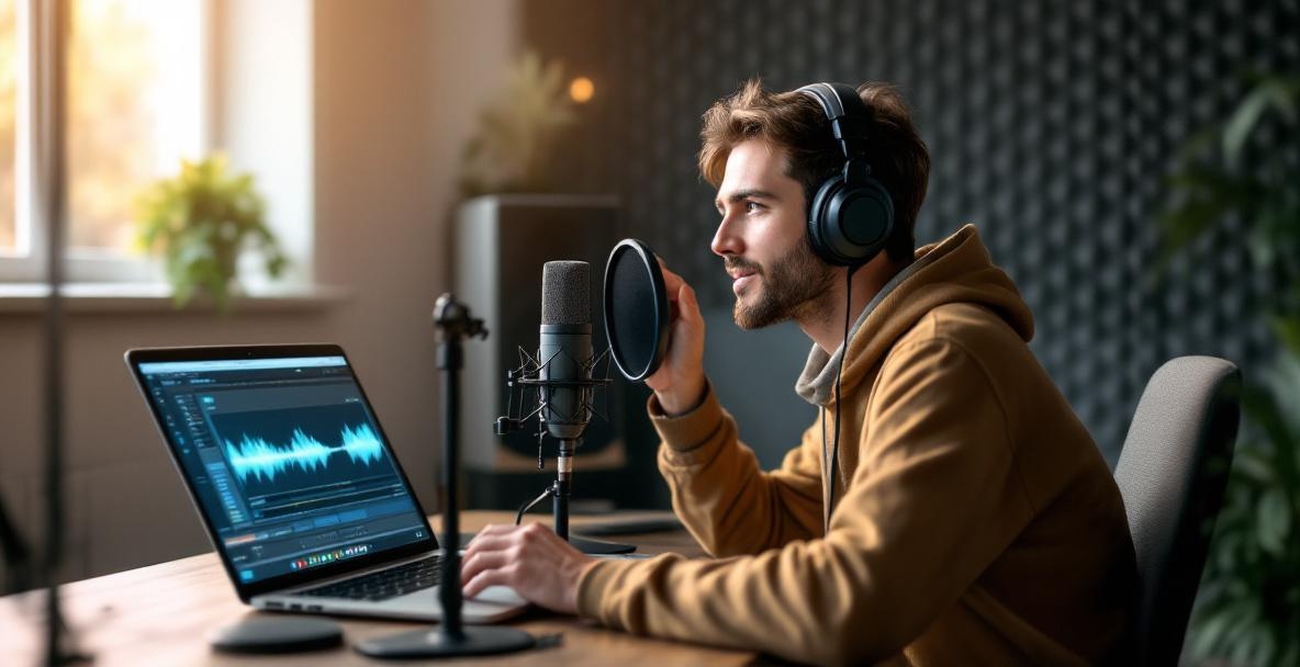 Podcaster in a studio speaking into a microphone with headphones and audio editing software on laptop.