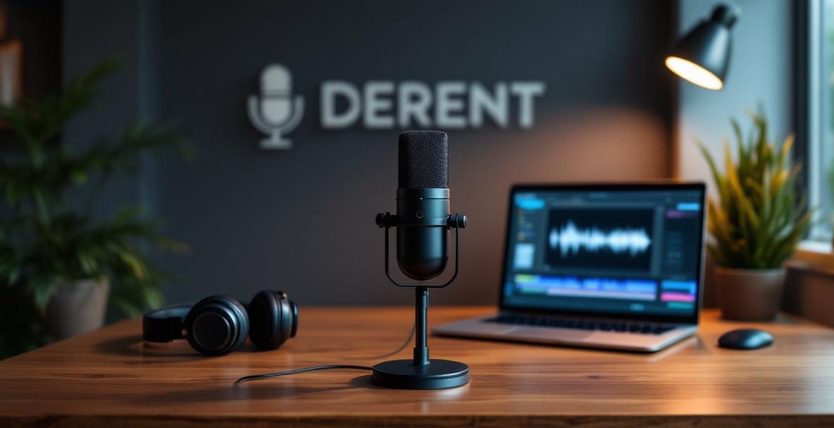 Modern podcast studio with a microphone, headphones, and laptop on a wooden desk.
