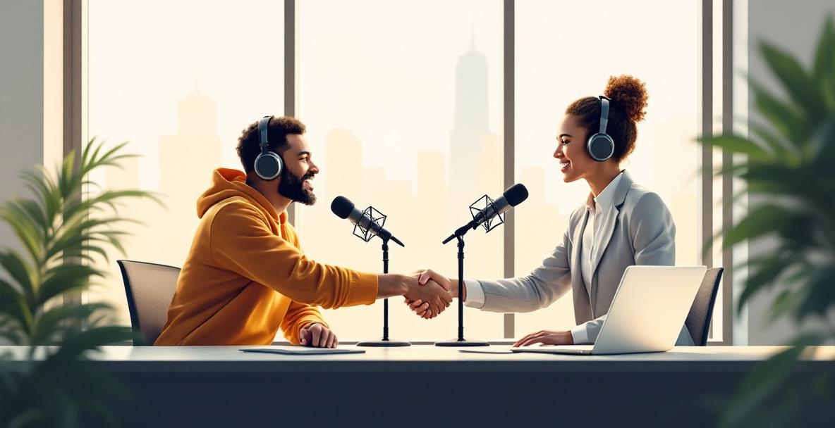 Two diverse podcast hosts shake hands in a modern studio with a cityscape view.
