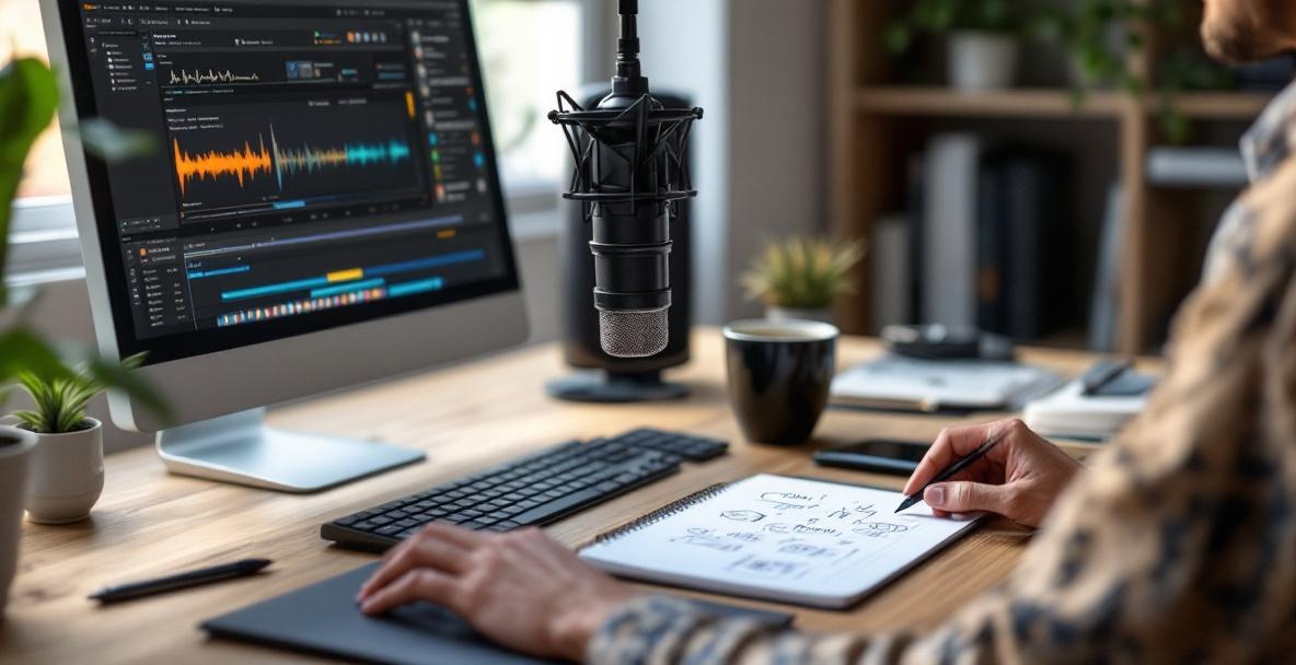Podcaster's workspace with microphone, computer, and notes in soft natural light.