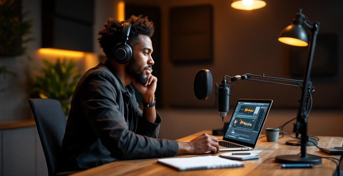 Podcaster in modern studio, wearing headphones, listening attentively with microphone and laptop.