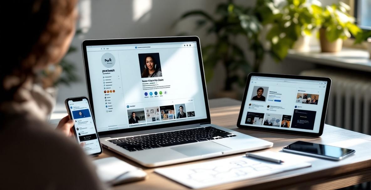 Minimalist workspace with laptop and devices showing a podcast's social media metrics.