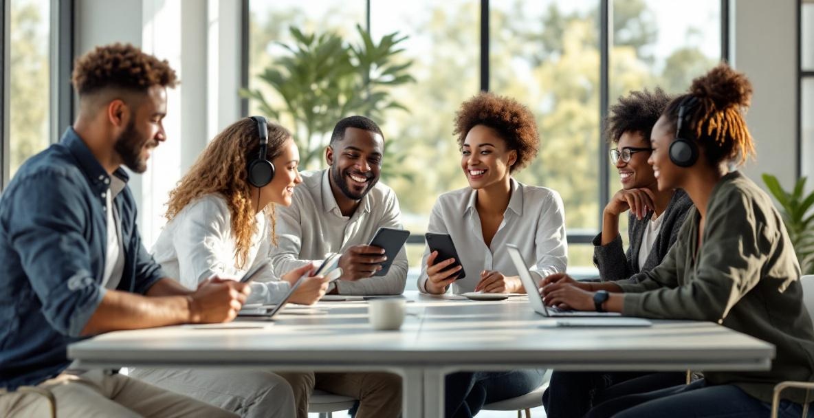 Diverse group discussing social media strategies at a modern table with devices displaying platform icons.
