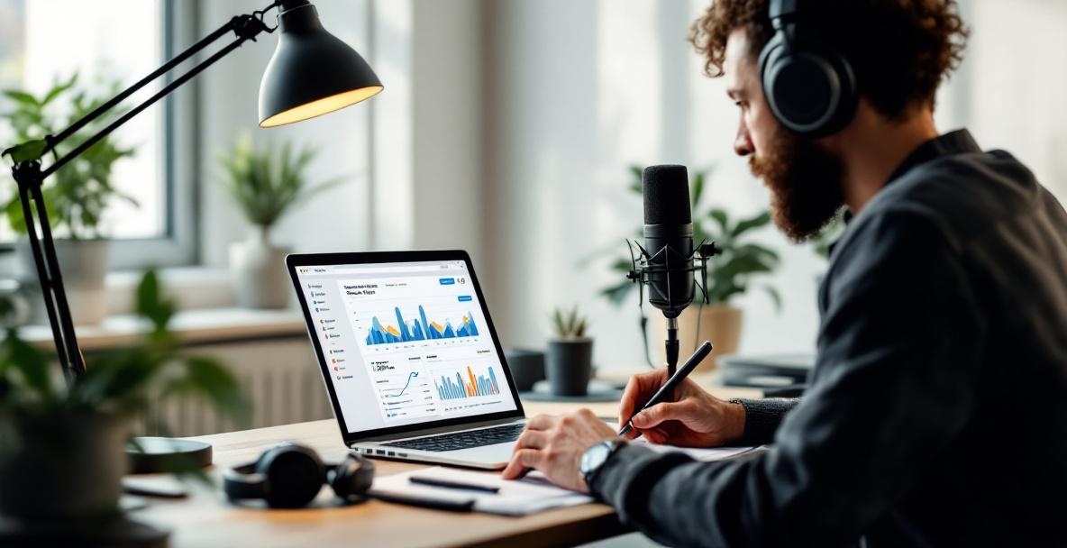 Podcaster at desk with laptop showing social media analytics, surrounded by podcast gear in a minimalist room.