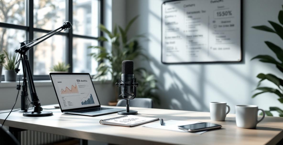 Modern podcaster's workspace with a laptop, microphone, and strategy tools in a well-lit room.