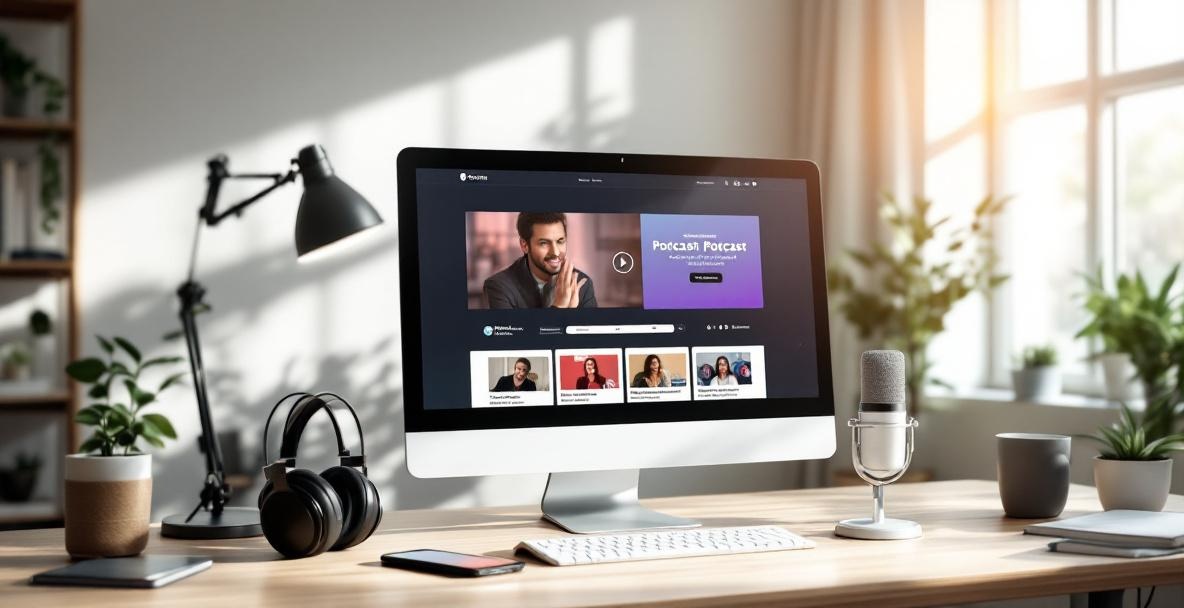 Modern home office with a podcast website on screen, microphone, headphones, and smartphone with social apps.