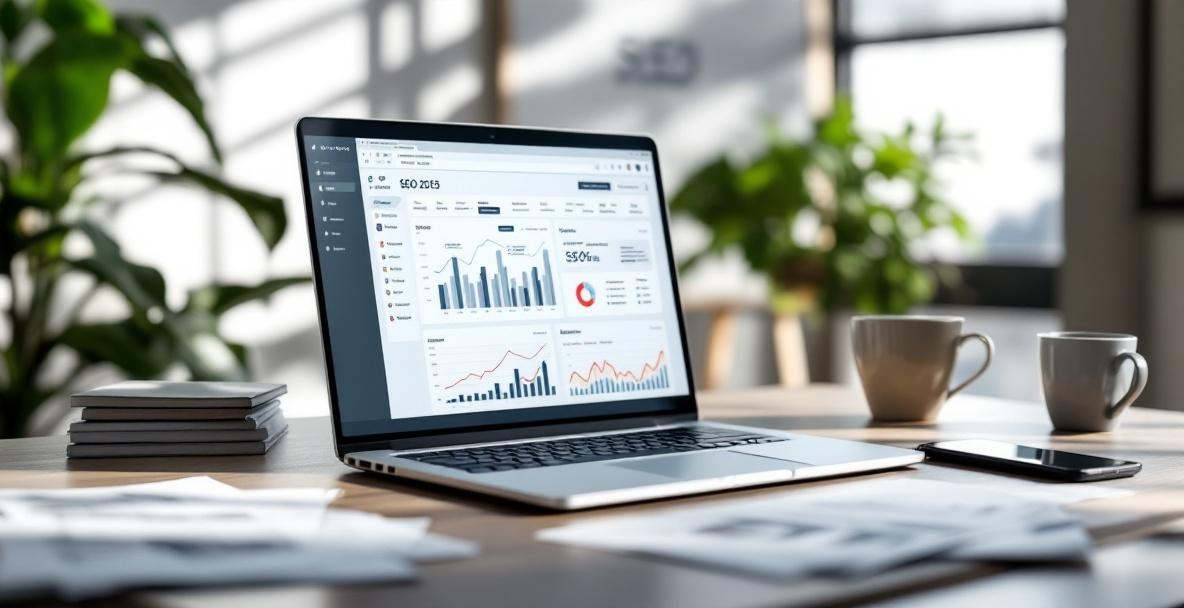 Modern workspace with laptop displaying SEO dashboard, papers, coffee cup, and phone with SEO updates.