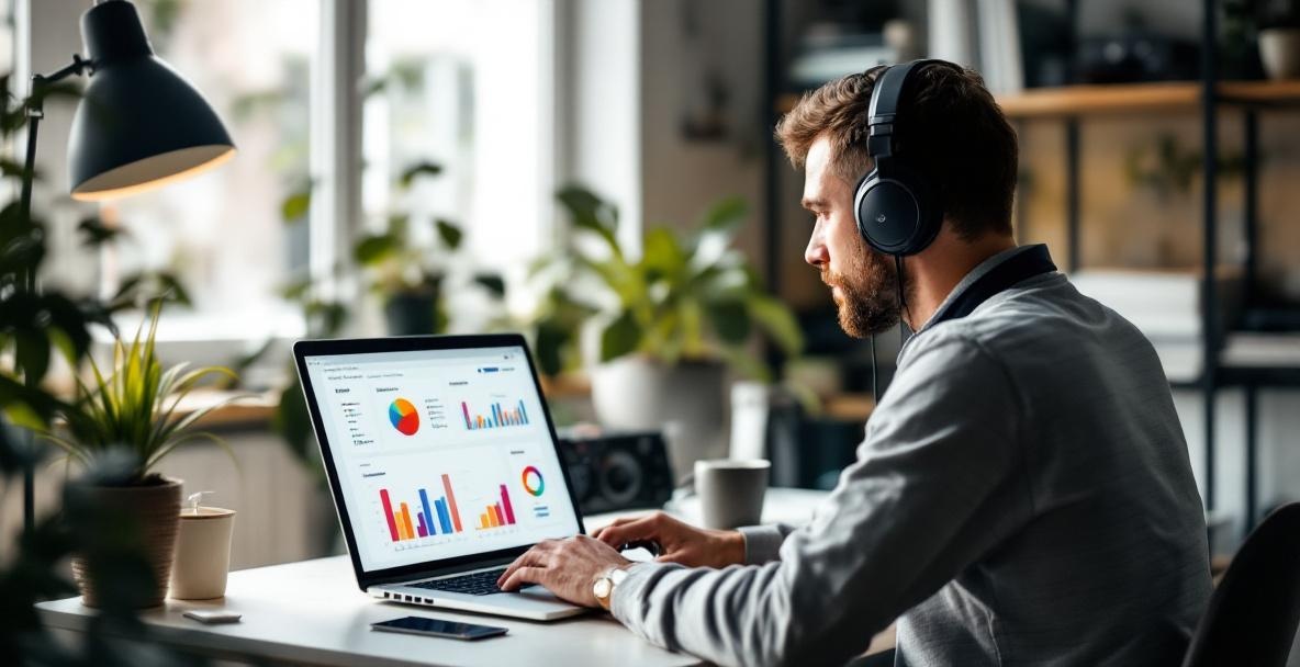 Podcaster analyzing colorful audience data on a laptop in a modern home office.