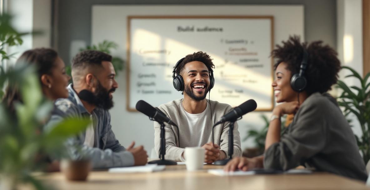 Diverse podcasters in a modern studio discussing audience engagement.