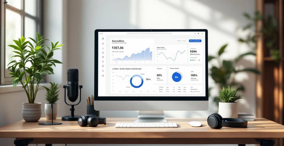 Podcaster's workspace with computer showing podcast analytics on a wooden desk.