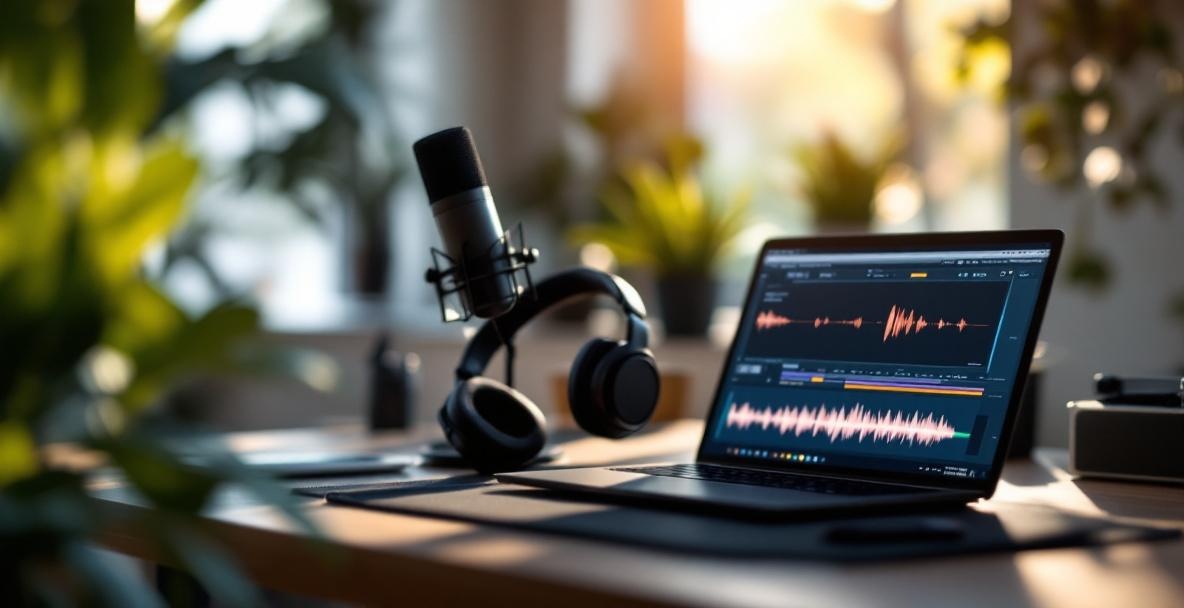 Modern podcast editing setup with microphone, headphones, and laptop displaying audio software.