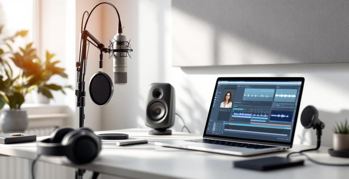 Modern podcast editing workspace with laptop, headphones, microphone, and audio interface.