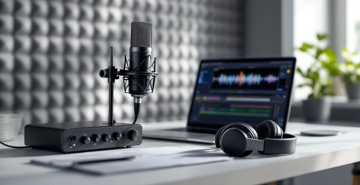 Podcast editing setup with microphone, laptop, headphones, and audio interface on a minimalist desk.