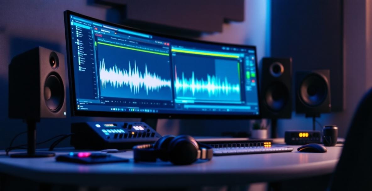 Modern podcast editing suite with audio workstation, mixing console, and studio headphones.