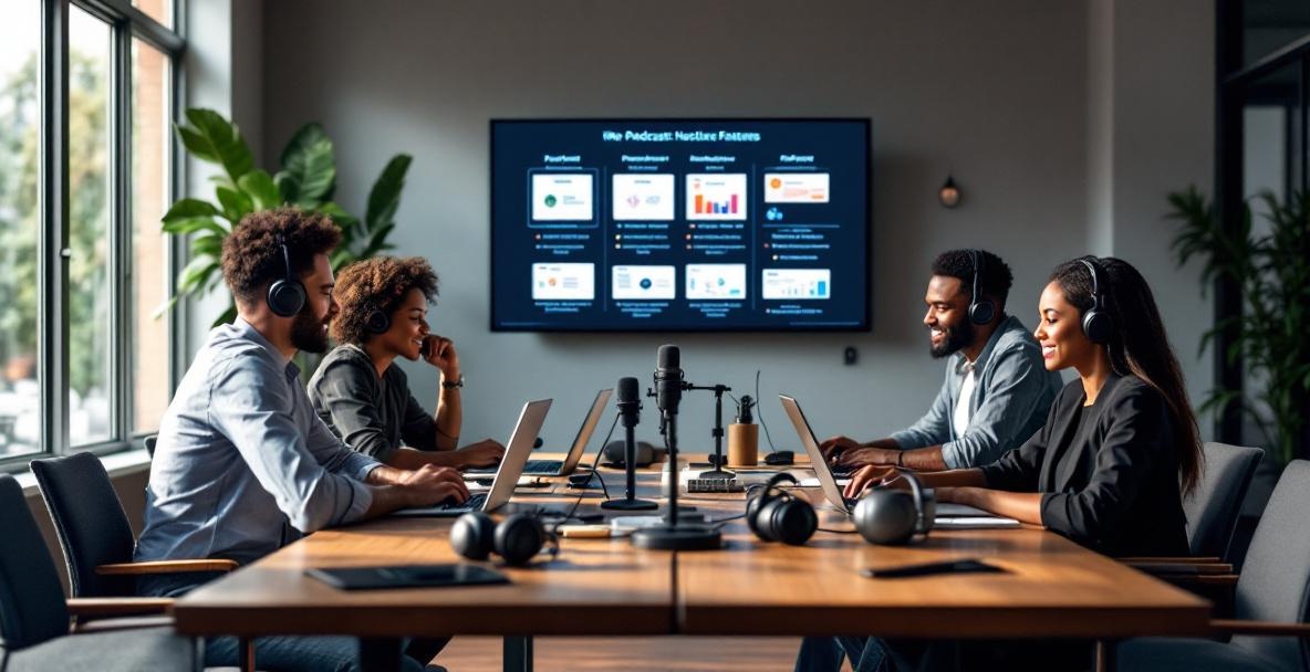Diverse digital professionals analyze podcast dashboards at a conference table.