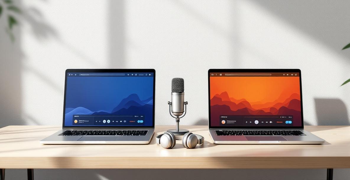 Two laptops with blue and orange podcast dashboards, microphone, and headphones on a modern desk.