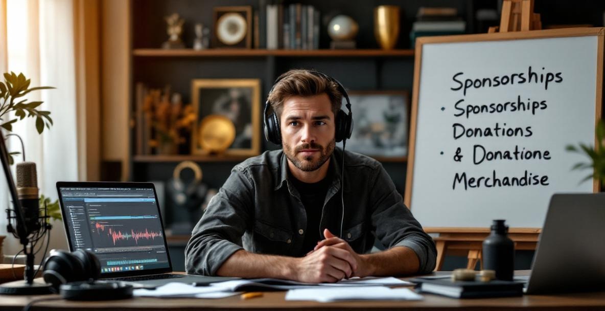 Podcaster at desk with microphone, whiteboard, and bookshelf, focusing on monetization strategies.