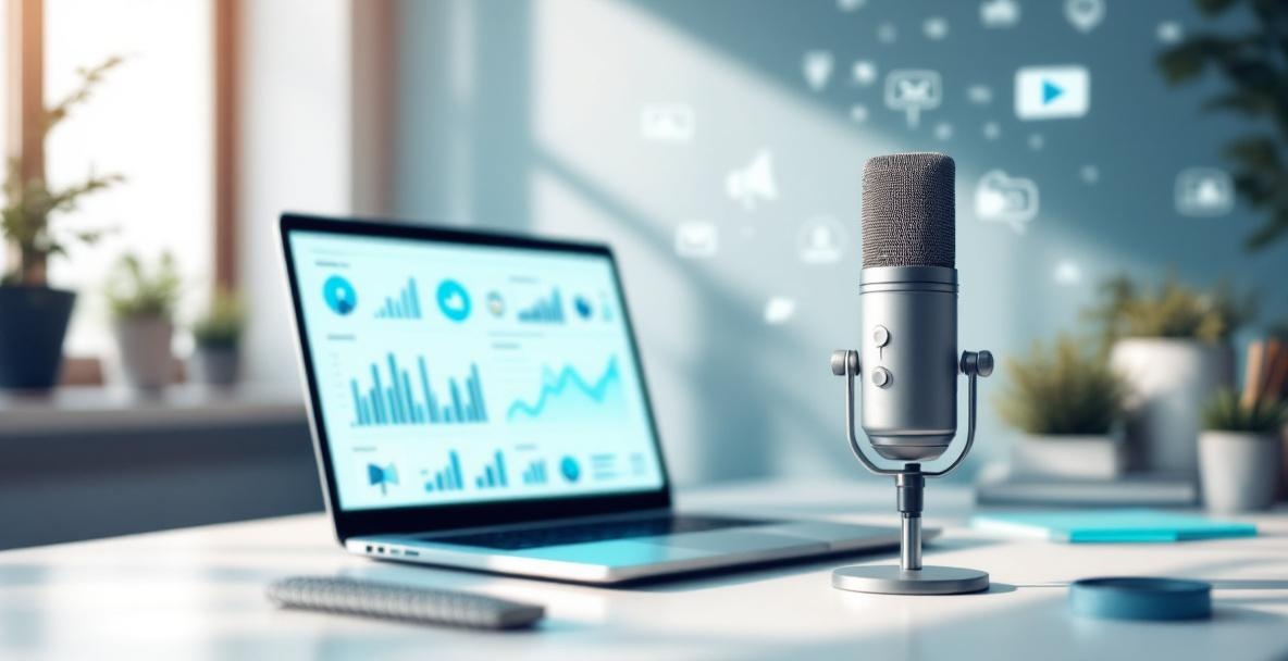 Modern microphone on desk with laptop showing podcast analytics, digital marketing symbols in background.
