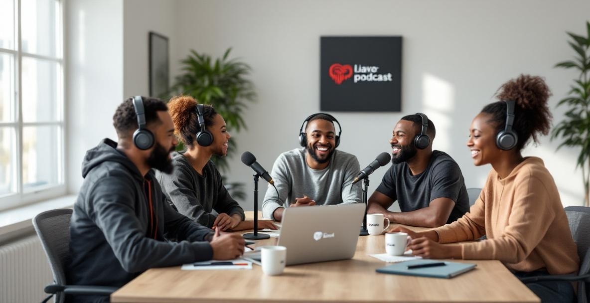 Diverse group of podcasters collaborate in a minimalist studio with modern equipment and branding elements.