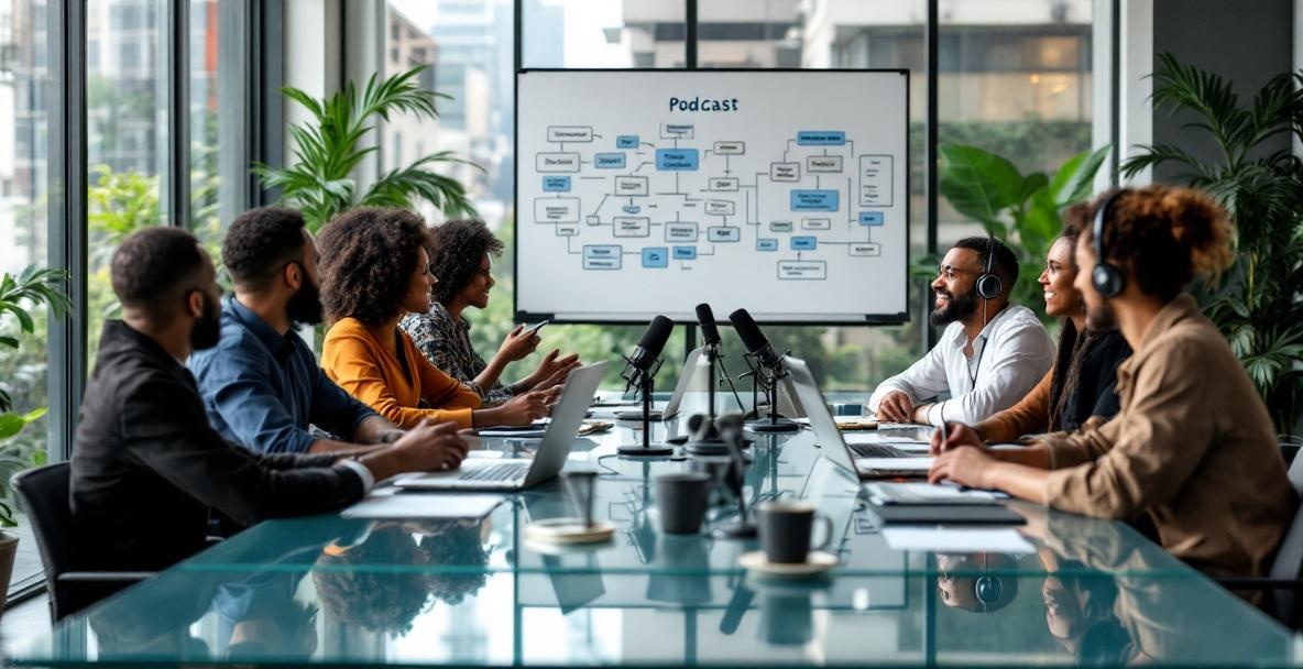 Diverse group of podcasters and marketers brainstorming in a modern conference room.