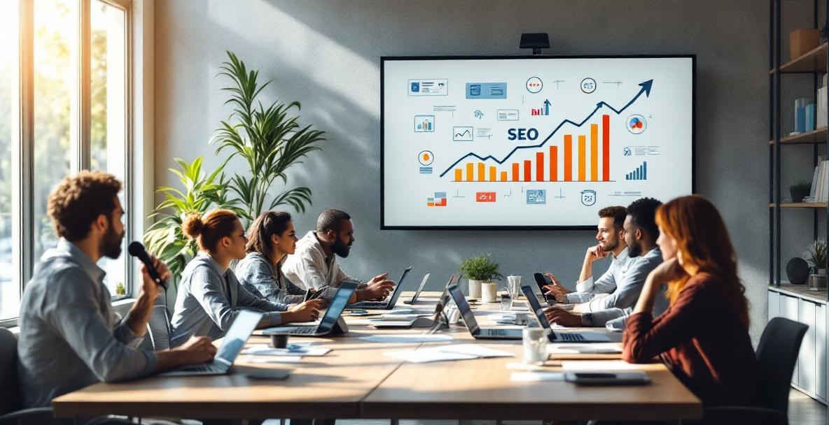 A diverse group of digital marketers and podcasters collaborate on SEO strategies in a modern office.