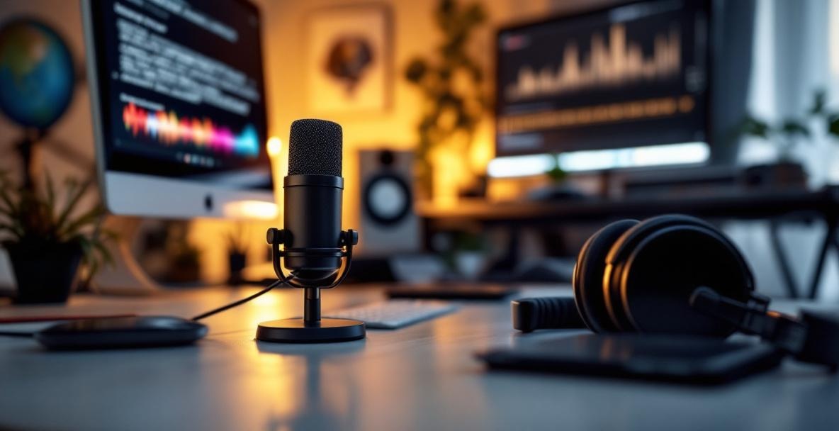 Cozy podcast studio with microphone, headphones, and a screen showing transcription.