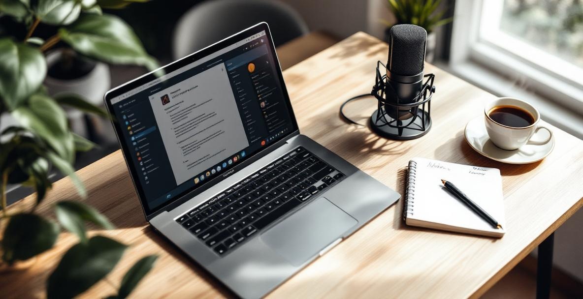 Organized workspace with a laptop, microphone, notepad, and coffee for podcast transcription.