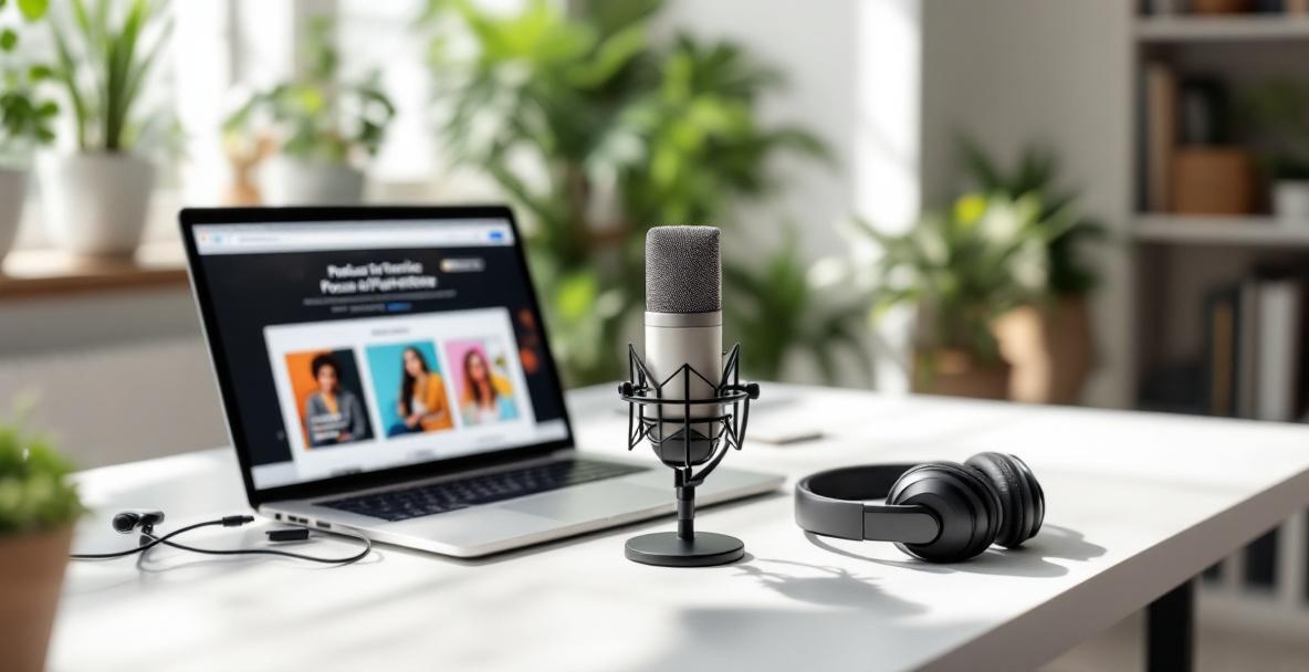 Minimalist podcast studio with microphone, laptop displaying podcast website, and headphones in bright room.