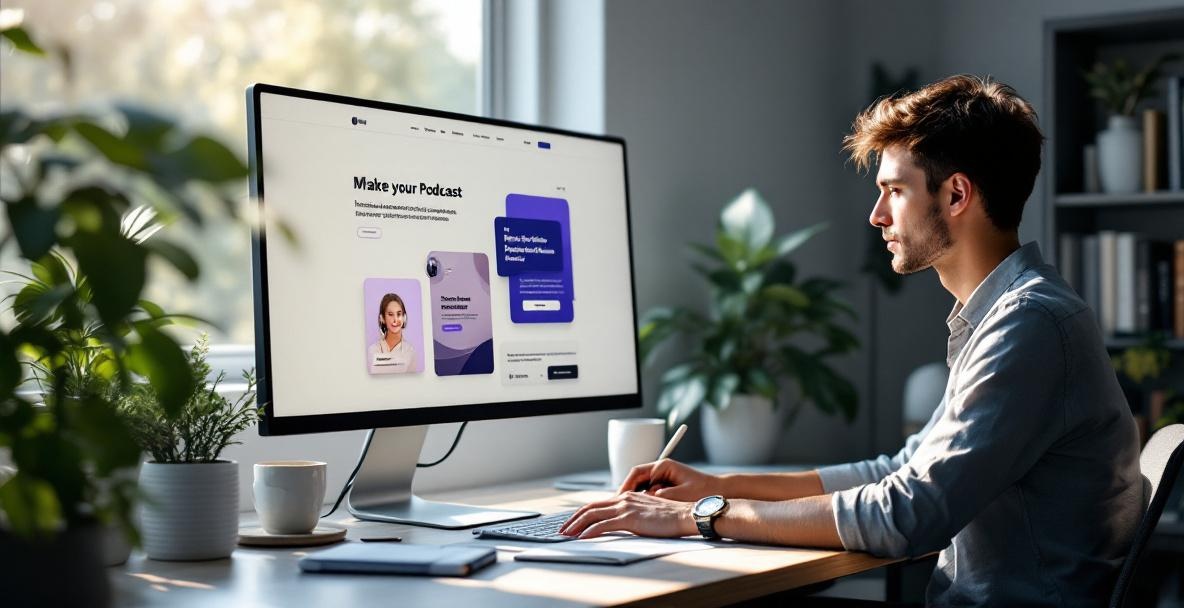 Designer creating a podcast website in a modern studio with digital tools and a large monitor.