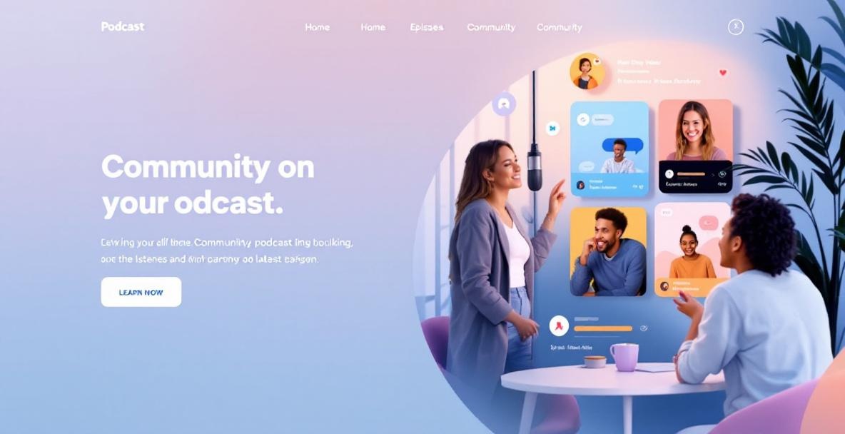 Modern podcast website homepage with chat and episode list.