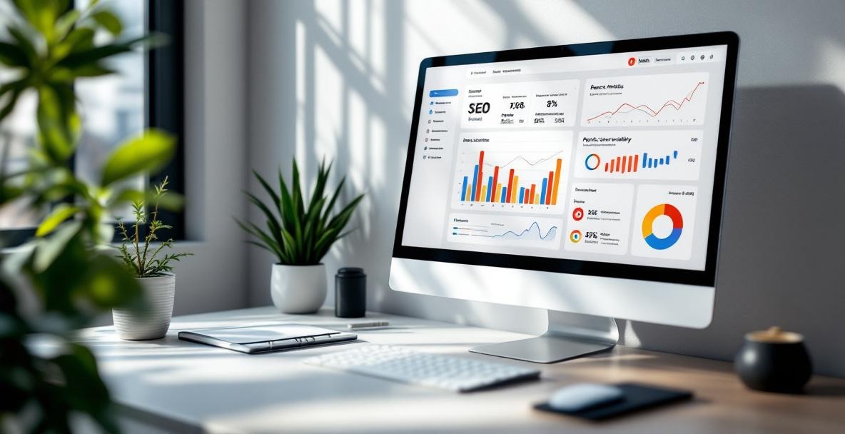 Modern office desk with a computer displaying SEO and podcast stats on an analytical dashboard.