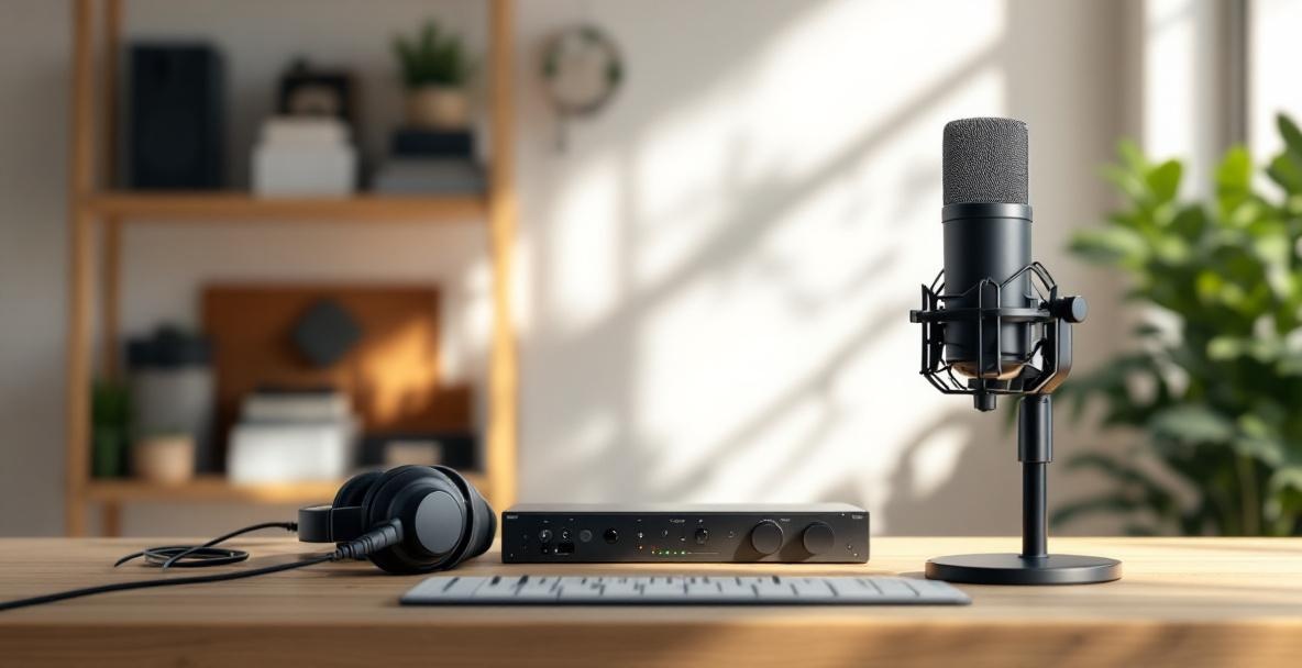 Minimalist podcast setup with microphone, headphones, and audio interface on a wooden desk.