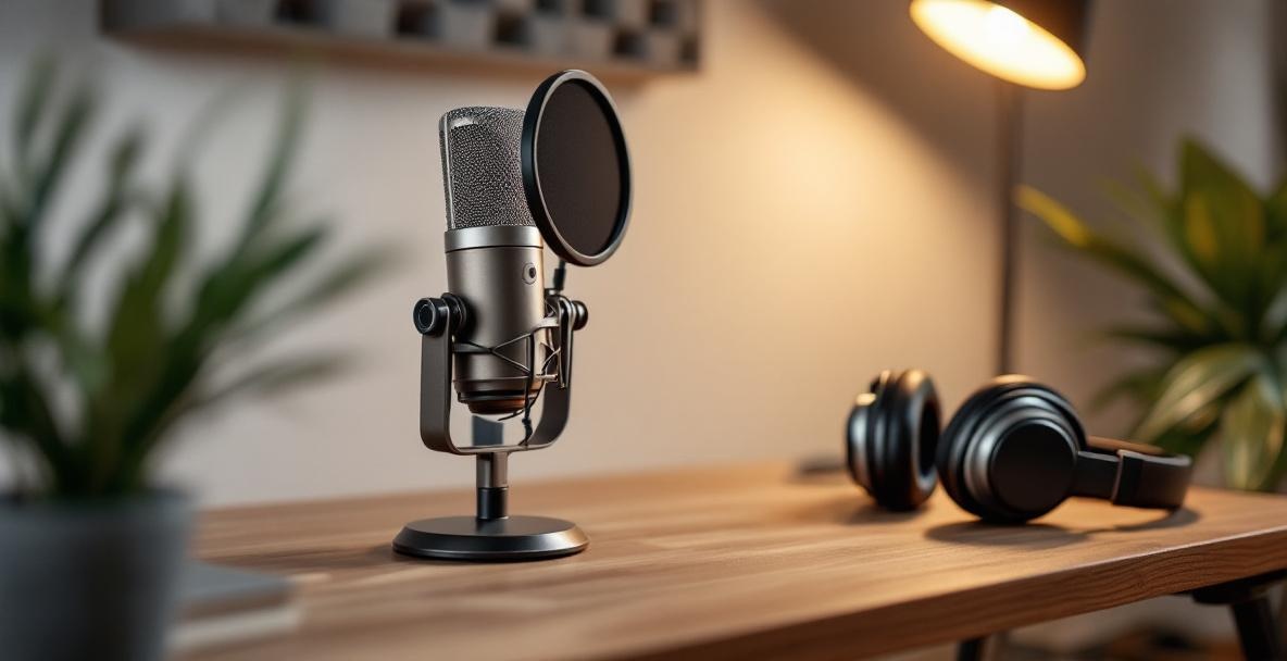 Minimalistic home podcast studio with condenser microphone and headphones.