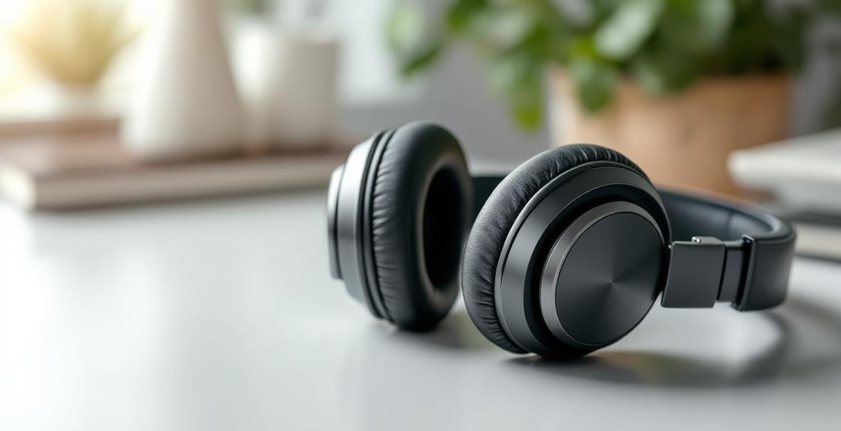 Modern over-ear headphones on a minimal white desk with soft sound waves in the background.