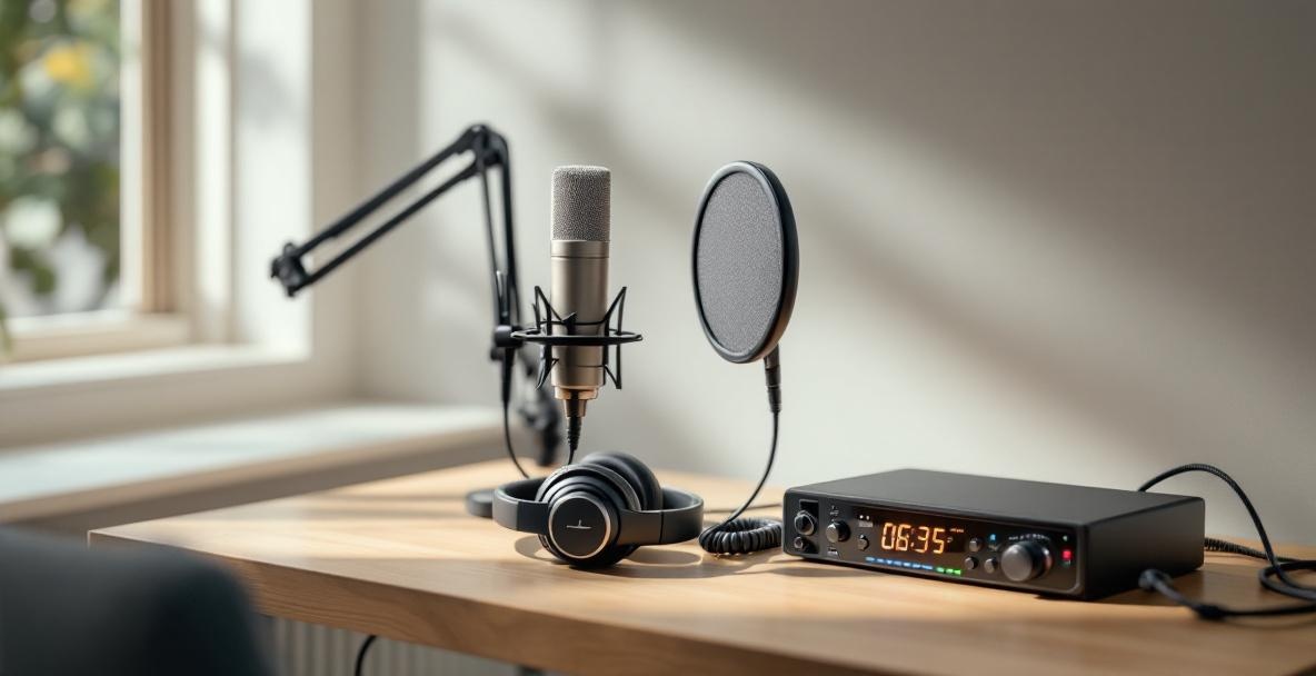 Minimalist scene with podcast accessories: microphone, pop filter, headphones, and audio interface on a wooden desk.