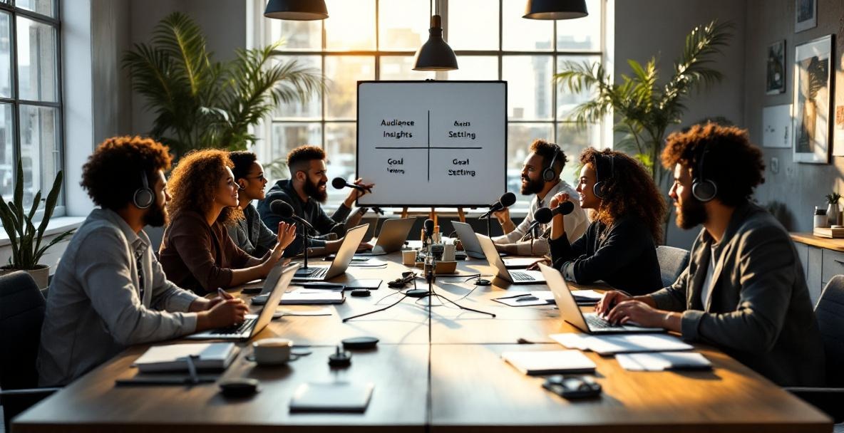 Diverse group of podcasters and digital marketers collaborate around a table in a modern office, discussing strategy.