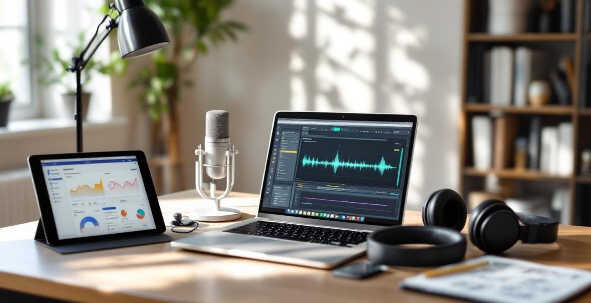 Modern workspace with laptop for podcast editing, mic, headphones, and analytics tablet.