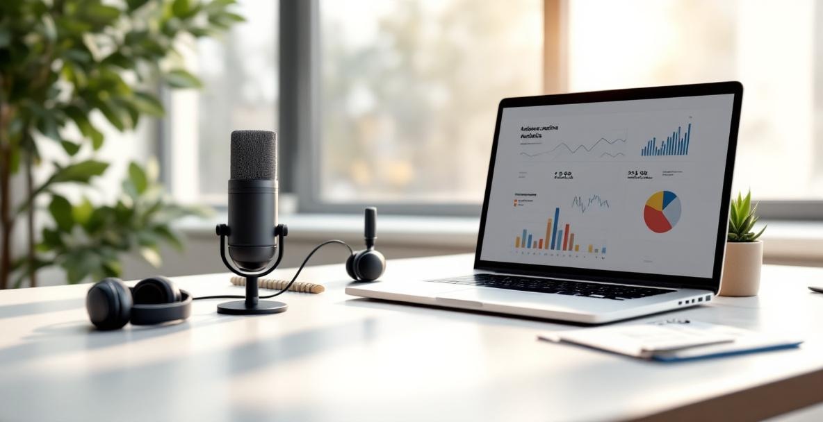 Workspace with microphone, laptop showing podcast analytics, and notepad with audience sketches.